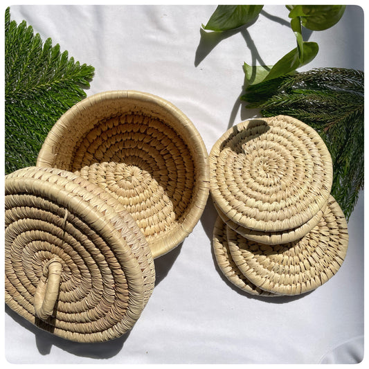 Handwoven Sabai Grass Coaster Set with Lid